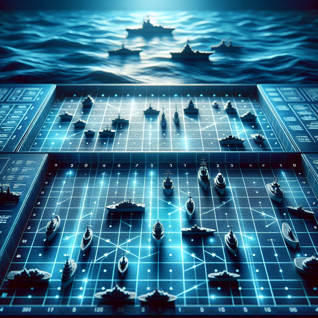 A digital representation of a battleship game board with grids and ships placed strategically